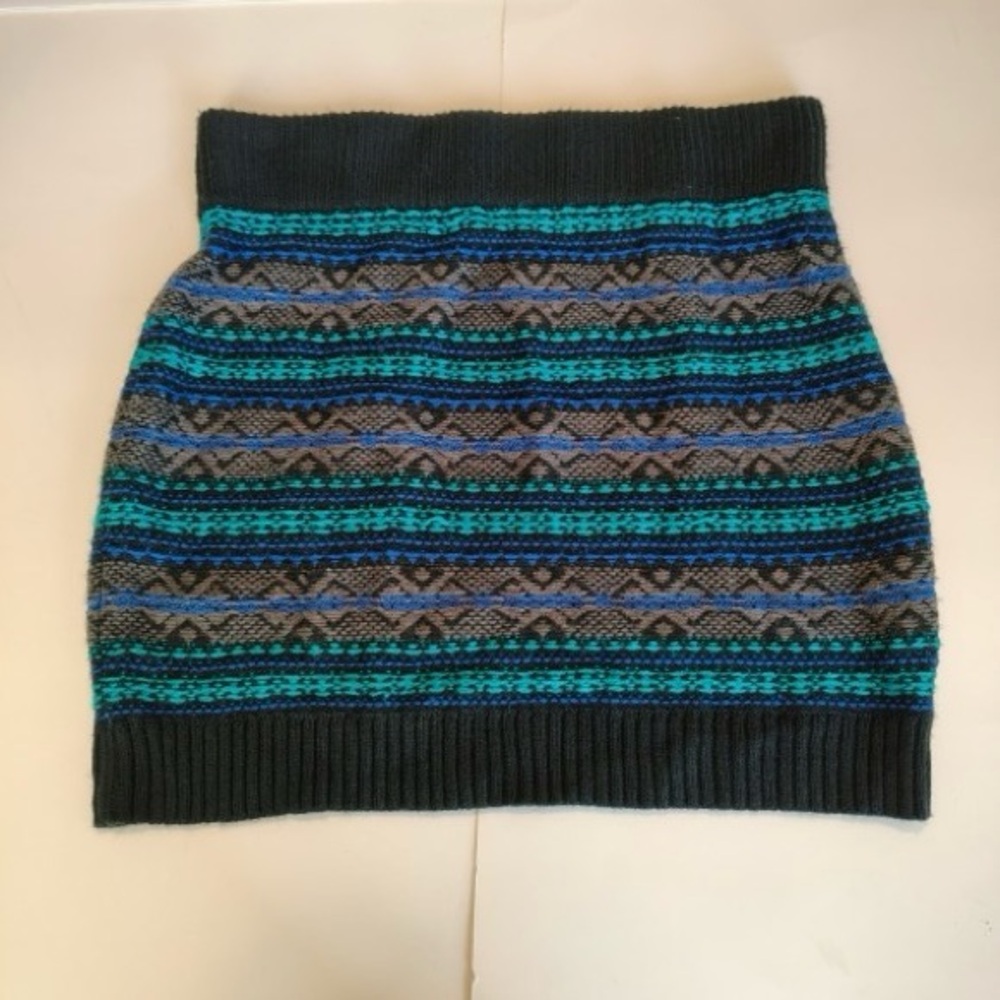 Woven Aztec Western Knit Black Turquoise Winter Mini  Skirt Stretch Women M